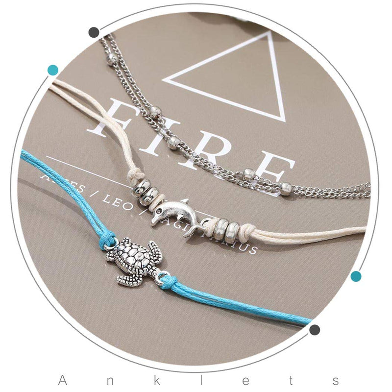 [Australia] - Casdre Retro Layered Ankle Bracelet Silver Dolphin Tortoise Foot Chain Beaded Adjustable Foot Jewelry for Women and Girls 