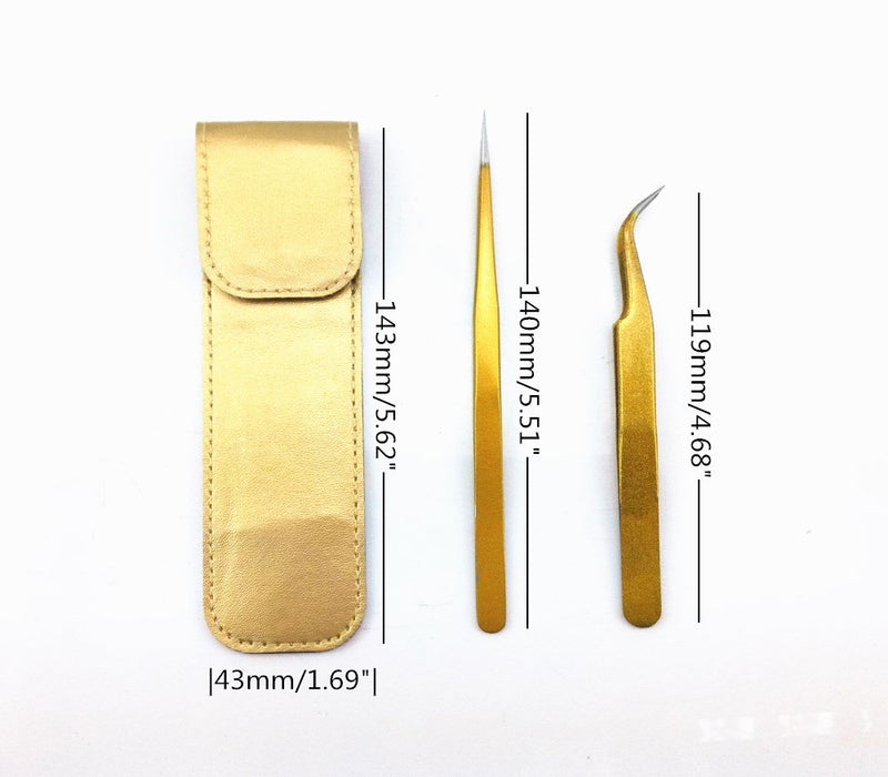 [Australia] - yueton 2pcs Gold Color Coated Stainless Steel Straight and Curved Head Tweezers with Leather Case for Eyelash Extension 