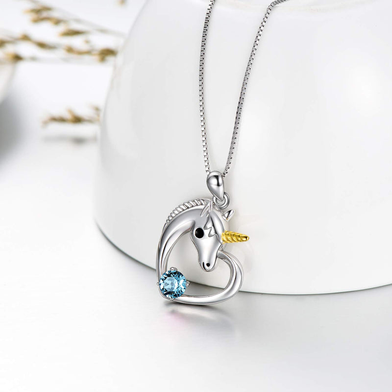 [Australia] - AOBOCO 925 Sterling Silver Unicorn Pendant Necklace for Teen Girls, Unicorn Birthstone Jewelry Gift for Women, Embellished with Crystals from Swarovski Simulated Aquamarine 
