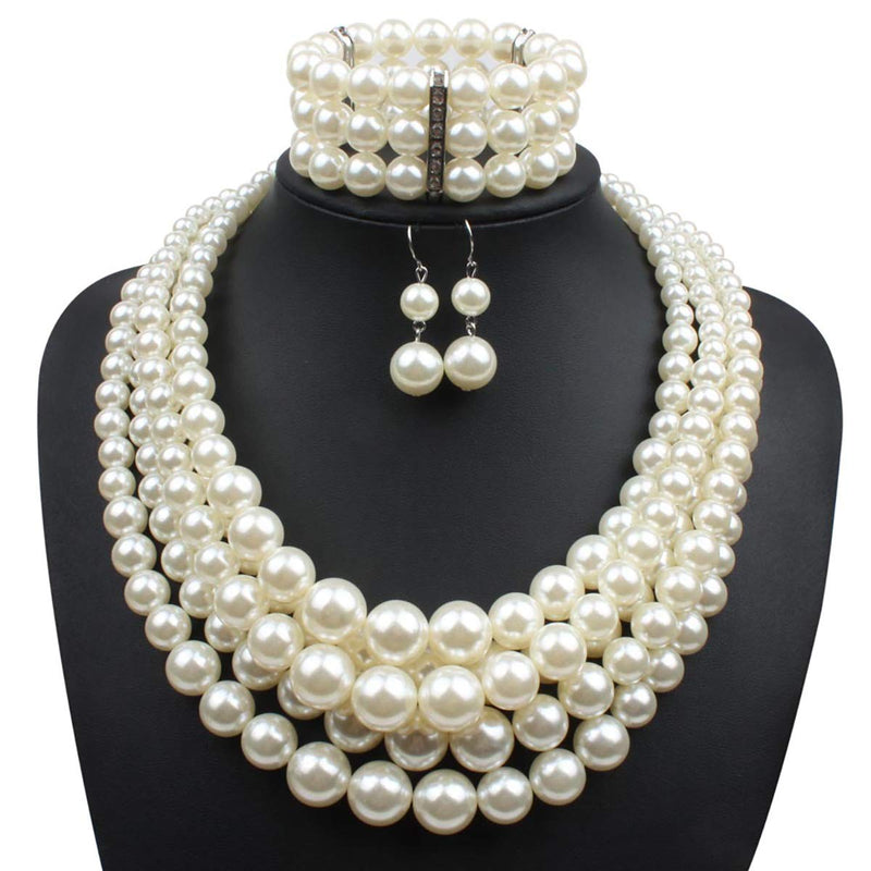 [Australia] - Fodattm Women Lady Multi Layer Imitation Pearl Strand Cluster with Necklace Bracelet and Earrings Set Elegant Costume Jewelry Sets Beige 