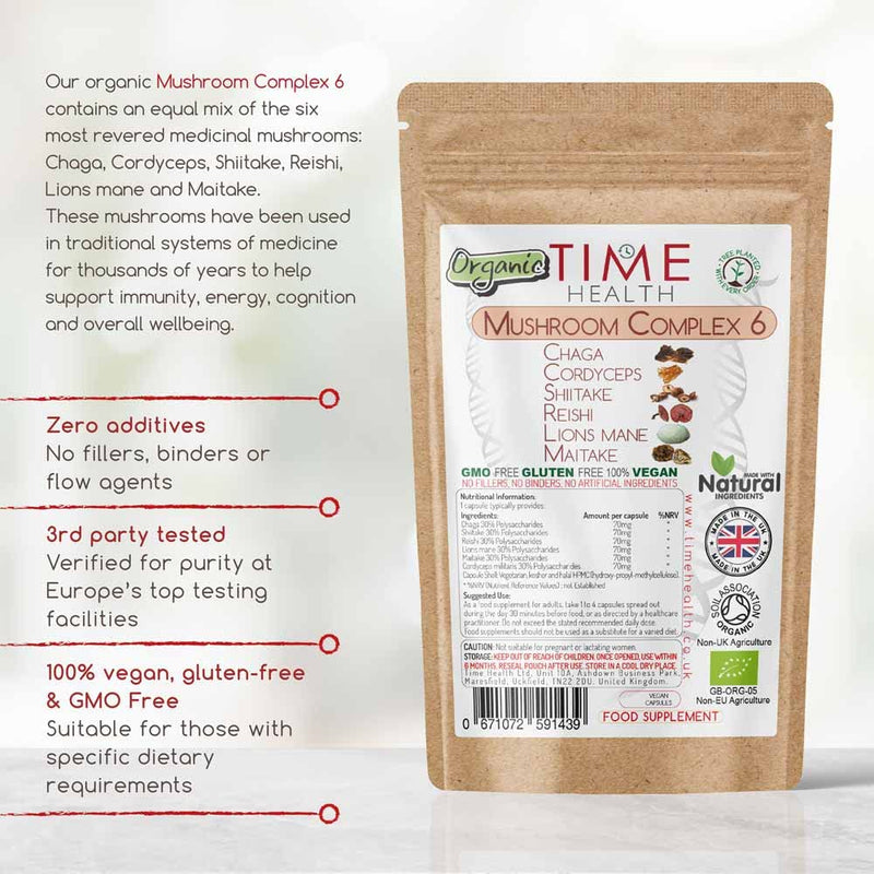 [Australia] - Mushroom Complex 6 Organic � High Strength 30% Polysaccharides - Chaga, Cordyceps, Shiitake, Reishi, Lions Mane, Maitake - UK Manufactured (120 Capsule Pouch) 