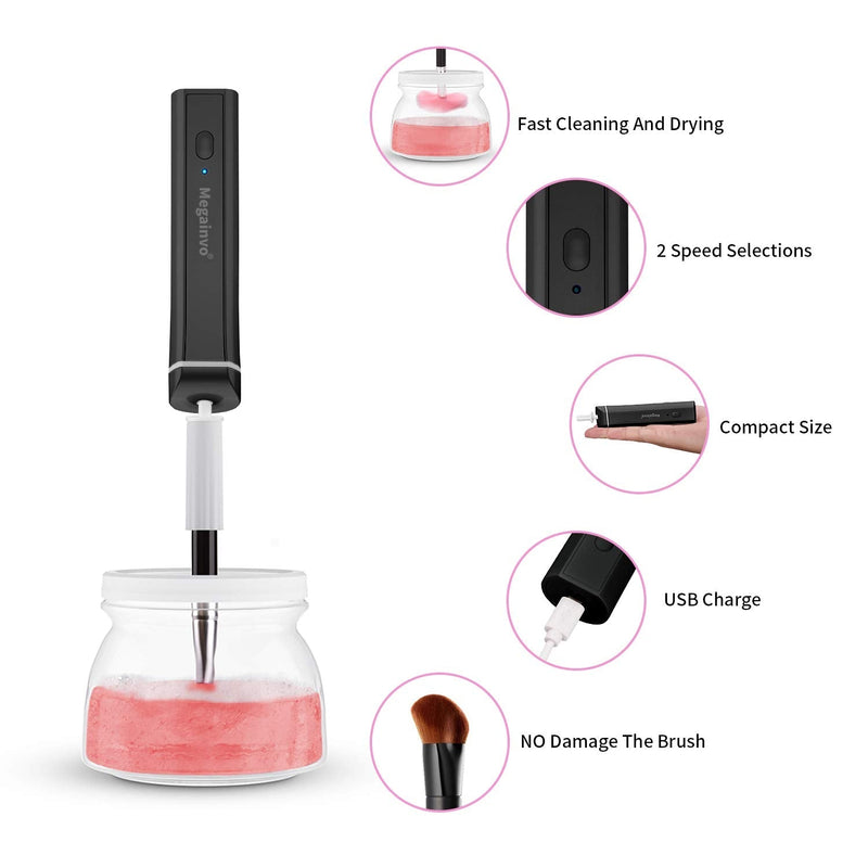 [Australia] - Megainvo Makeup Brush Cleaner and Dryer Electric Brushes Cleaners,Fast Deep Clean and Dry, 360¬∞Automatic Spinner USB Rechargeable Make-up Washer Tools Set with 5 holders(Black) Black 