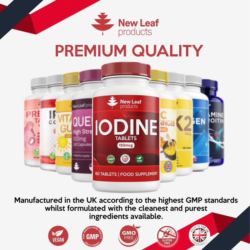 [Australia] - Iodine Tablets 150mcg 180 Vegan High Strength Tablets Iodine Supplements, Natural Source of Iodine from Potassium Iodide, 6 Month Supply, GMO Free, GMP, Made in UK by New Leaf 180 Count (Pack of 1) 