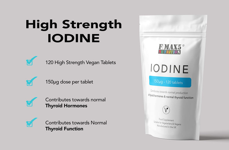 [Australia] - Iodine 150mcg 120 Tablets | High Strength Natural Source of Iodine from Potassium Iodide | Pregnancy Health & Thyroid Supplement | Vegan | UK Made | Fmax5 Supps 