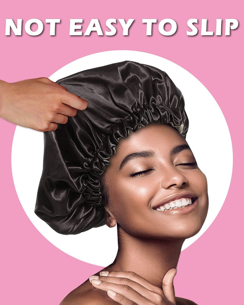 [Australia] - Auban Large Bonnet Silk Hair Wrap for Sleeping, Satin Bonnet Double Layer Satin Lined for Blacks Women Adjustable Elastic Lace Band Hair Wrap for Women Hair Oil Care after Use Hot Comb or Hair Brush Black 