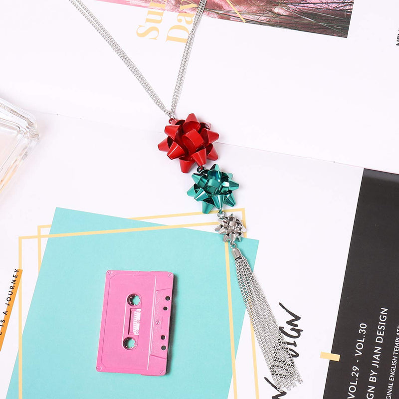 [Australia] - CEALXHENY Christmas Necklace for Women Festive Bow Pendant Necklaces Delicate Chain Tassel Necklace Long Necklace for Girls Red+Green+Silver 