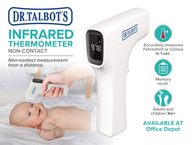 [Australia] - Nuby Dr. Talbot's Easy Handle Non-Contact Infrared Thermometer with Led Screen, Fever Warning Indicator, Accurate 1 S Reading for Baby, Kids, & Adults, White 