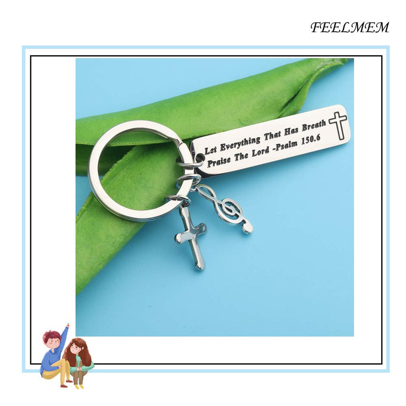 [Australia] - FEELMEM Music Lover Gift Let Everything That Has Breath Praise The Lord Bible Verse Keychain with Music Note Charm Cross Charm Musician's Prayer Jewelry Gift silver 