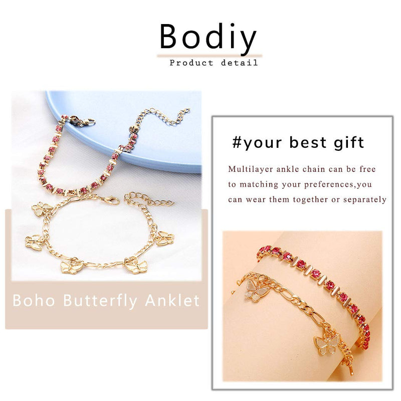 [Australia] - Bodiy Boho Butterfly Ankelts Gold Crystal Ankle Bracelets Beach Layered Ankle Chain Foot Jewelry for Women and Girls 