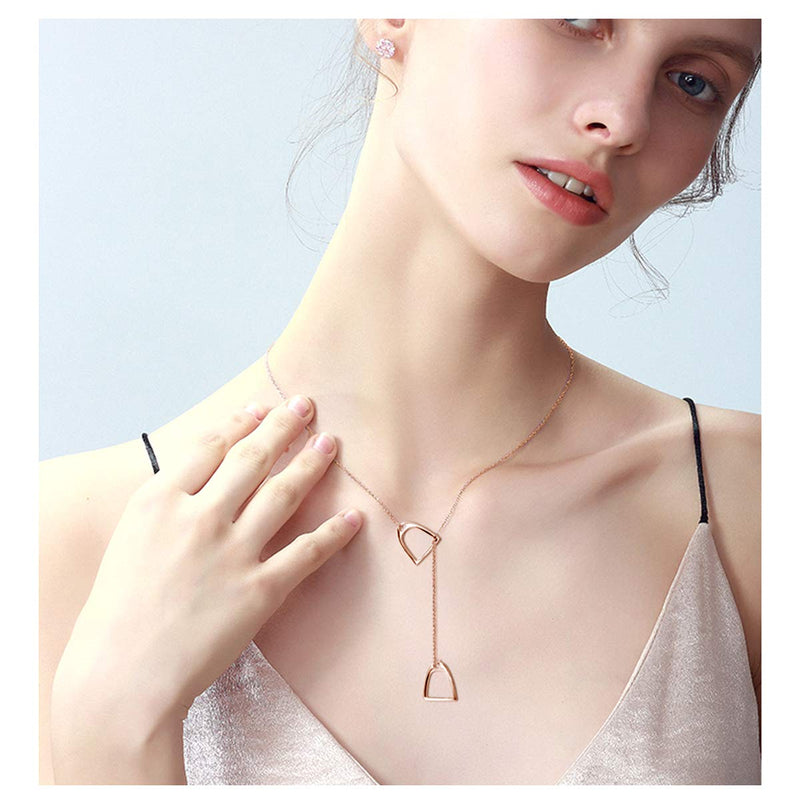 [Australia] - YFN Horse Gift Jewelry 925 Sterling Silver Simple Double Horse Strirrup Lariat Necklace Horse Gift for Women Girls Rose Gold Horse Jewelry 