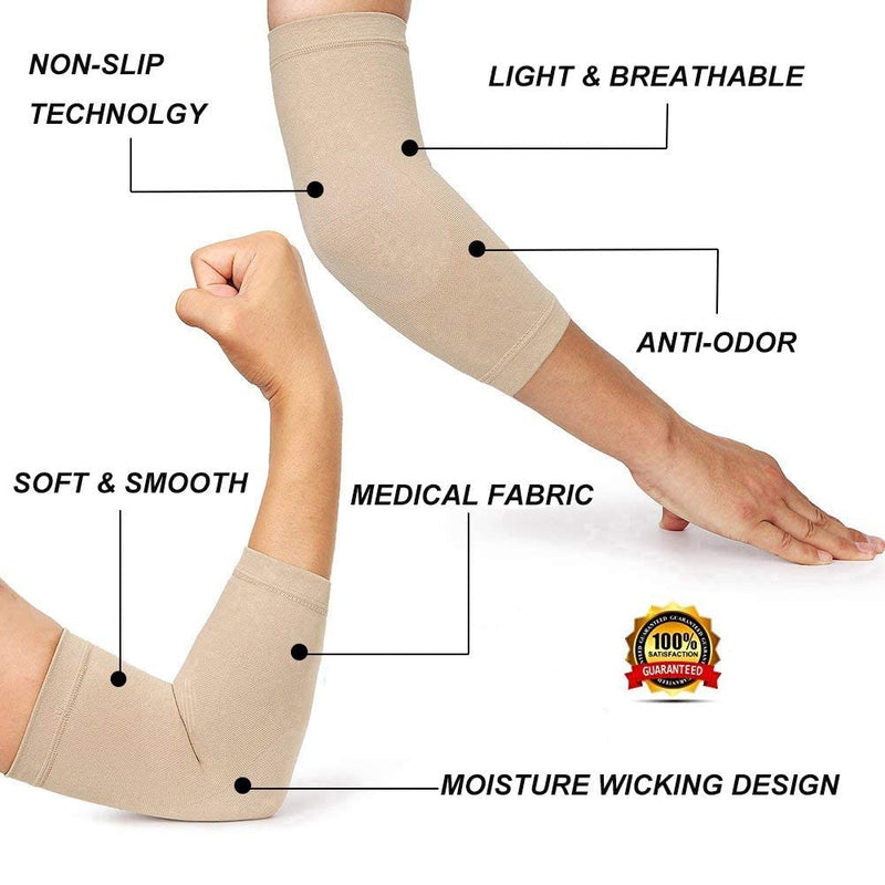 [Australia] - Elbow Compression Sleeves, 20-30mmHg Strong Support, 1 Pair Unisex, Lightweight Elbow Brace for Recovery, Arthritis & Tendonitis Joint Pain Relief, Support for Tennis Elbow & Golfers Brace, Beige S Small: 6" - 7" Elbow Circumference 