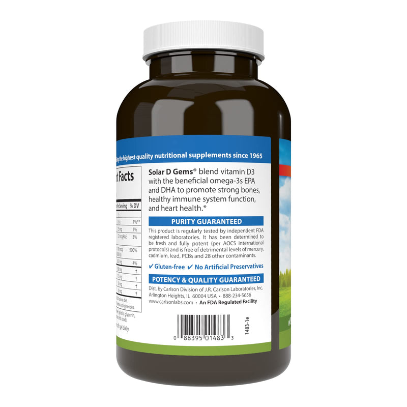 [Australia] - Carlson - Solar D Gems, Vitamin D3 and Omega-3 Supplement, 4000 IU (100 mcg) D3, 115 mg Omega-3 EPA and DHA, Vitamin D Fish Oil Capsule, Bone & Immune Health, Vitamin D Supplement, Lemon, 360 Softgels 