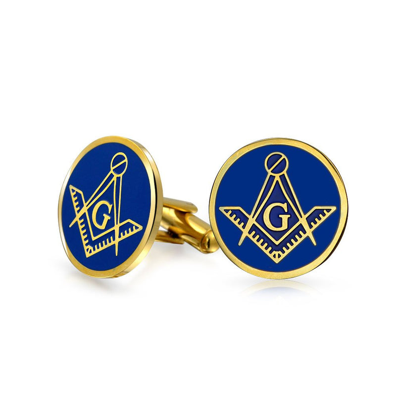 [Australia] - Shield Round Freemasons Compass Symbol Masonic Cuff Links for Men Blue Black Enamel Two Tone Silver Or Gold Tone Stainless Steel Hinge Bullet Back 