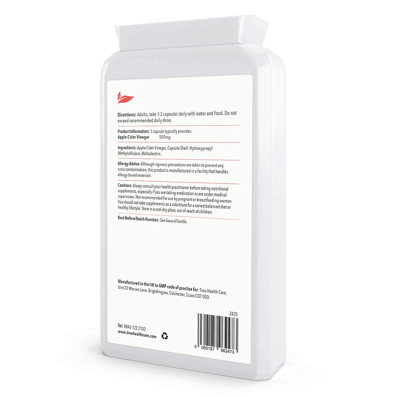[Australia] - Apple Cider Vinegar Supplement (500mg) - 120 Capsules | UK Manufactured to GMP Standards 