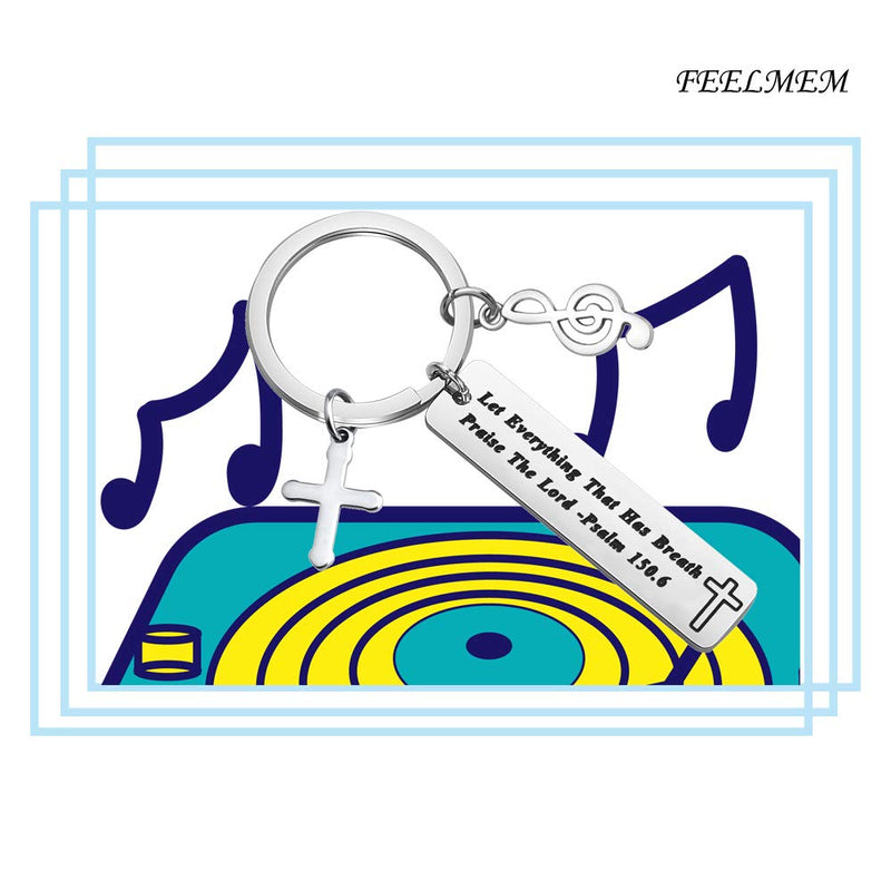 [Australia] - FEELMEM Music Lover Gift Let Everything That Has Breath Praise The Lord Bible Verse Keychain with Music Note Charm Cross Charm Musician's Prayer Jewelry Gift silver 