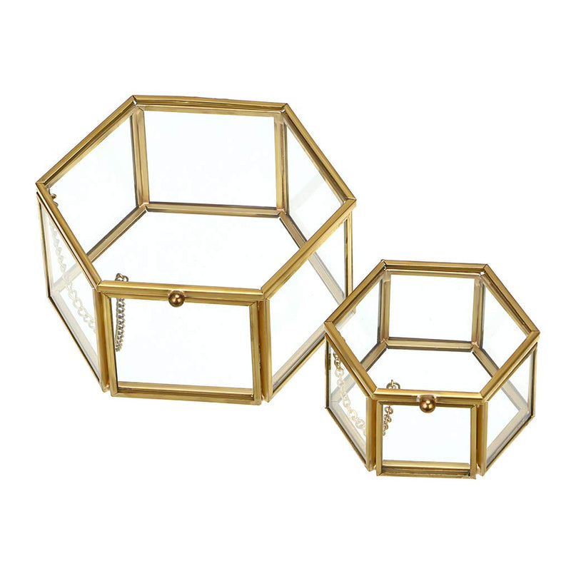 [Australia] - Hipiwe Vintage Glass Jewelry Box - Golden Hexagonal Jewelry Display Organizer Keepsake Box Home Decorative Box Case for Storage Trinket Ring Earring Chest Medium 