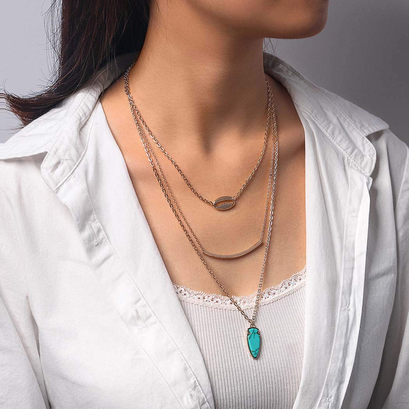 [Australia] - Ibliss Boho Layered Necklace Chain Gold Shell Bar Pendant Necklace Turquoise Beach Necklace Jewelry for Women and Girls 