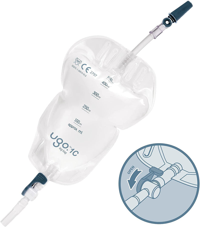 [Australia] - Ugo Leg Bags – Urine Drainage Bags/Catheter Leg Bags, T Tap or Lever Tap with Soft Fabric Backing and a Natural Leg-Shape Design (Pack of 10) (1C - 500ml, Short Tube, Lever Tap) 1C - 500ml, Short Tube, Lever Tap 