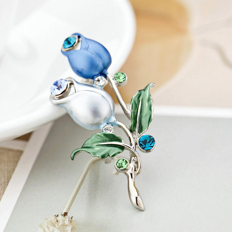 [Australia] - NEOGLORY Jewelry Platinum Plated Geminate Flower Blue and White Tulip Flower Brooch Pin 