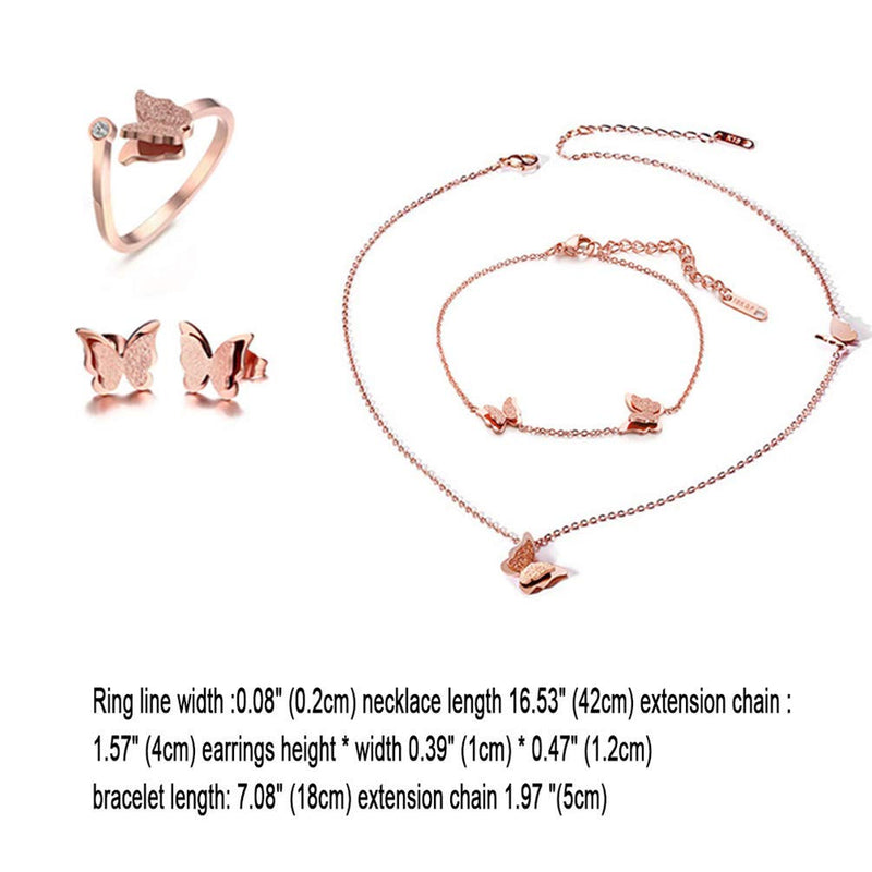 [Australia] - Cupimatch Butterfly Bracelet Ring Earrings Necklace Set, 18k Rose Gold Plated Love Jewelry Gift Set for Women Girls 