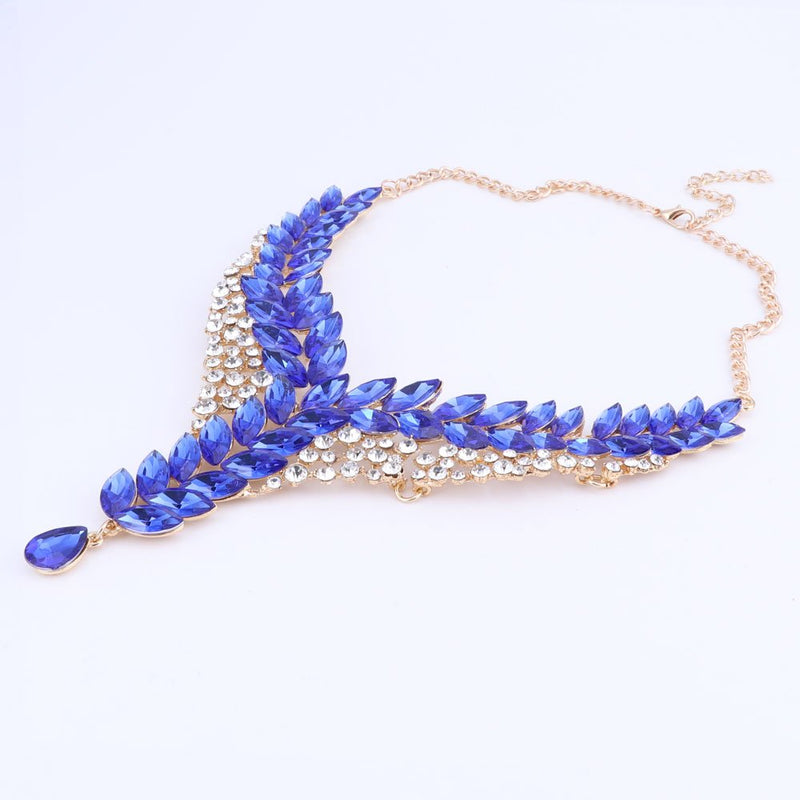 [Australia] - WANG Fashion 18K Gold Plated Crystal Wedding Party Necklace Earring Jewelry Set Blue 