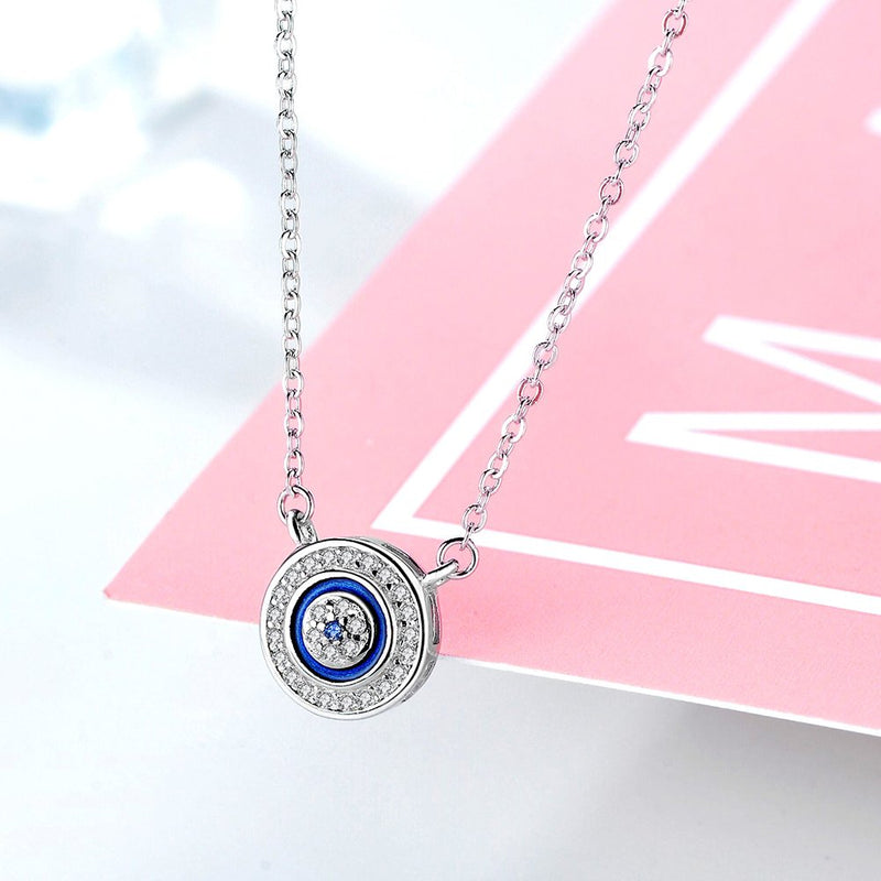 [Australia] - TONGZHE Round Blue Evil Eye Pendant Necklace Sterling Silver 925 Cubic Zirconia Adjustable Chain 16"+2" Extender Rhodium 
