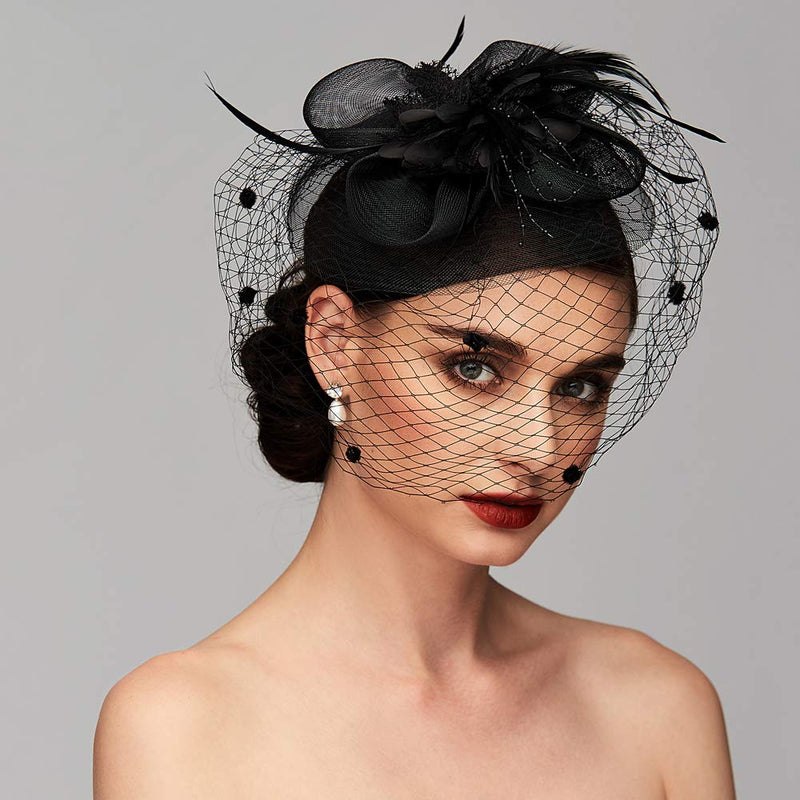 [Australia] - Feather Net Kentucky Derby Hat Fascinators Headpiece Wedding Special Occasion with Birdcage Veil Floral Flower Black 