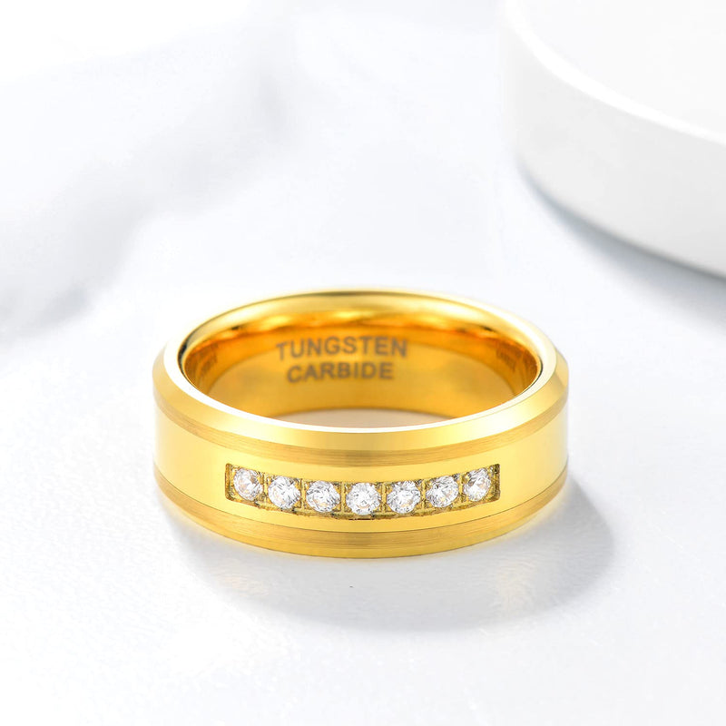 [Australia] - KAMASATO 8mm Mens Tungsten Wedding Band Cubic Zirconia High Polish Engagement Eternity Rings for Men Silver/Gold Comfort Fit 8mm-Gold 7 
