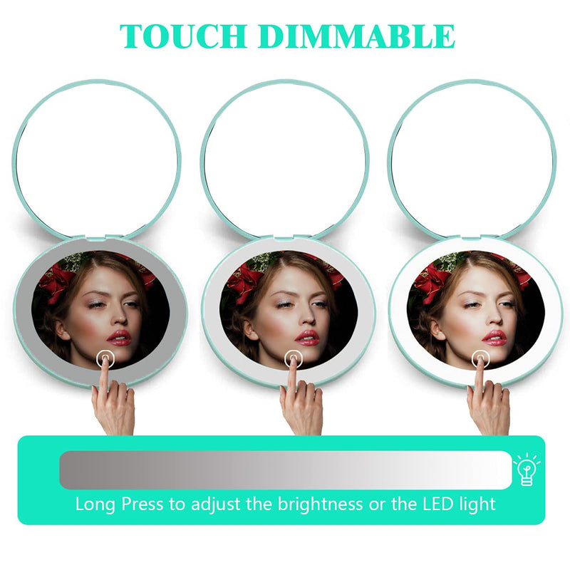 [Australia] - Bocampty Compact Mirror with LED Light，1x/10x Magnifying Rechargeable Travel Mirror, Dimmable 3.5 Inch Small Pocket Makeup Mirror for Handbag,Purse,Handheld 2-Sided Mirror,Gifts for Girls Cyan 1pc 