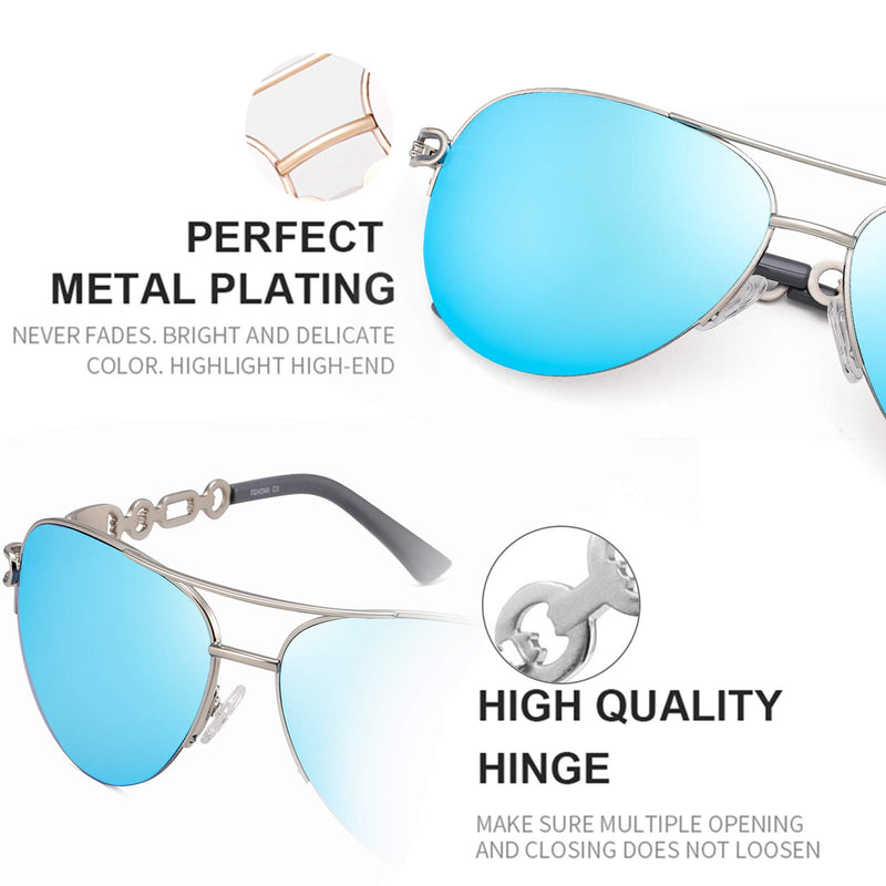 [Australia] - FENCHI Aviater Sunglasses For Women Mirrored UV 400 Lens Protection Classic Exquisite Metal Frame 0257 Lens: Blue revo/Frame: Shiny Silver/Temple: Grey 