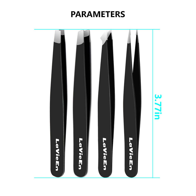 [Australia] - Precision Tweezers Set 4-Piece Professional Stainless Steel Tweezers, LaVieEn 4 Pack Tweezers Precision for Eyebrows, Splinter and Ingrown Hair Removal with Leather Travel Case (Black) Black 