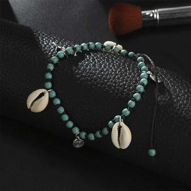 [Australia] - Aukmla Boho Weave Turquoise Ankle Bracelet Black Shell Pendant Anklets Chain Beach Foot Jewelry for Women and Girls 