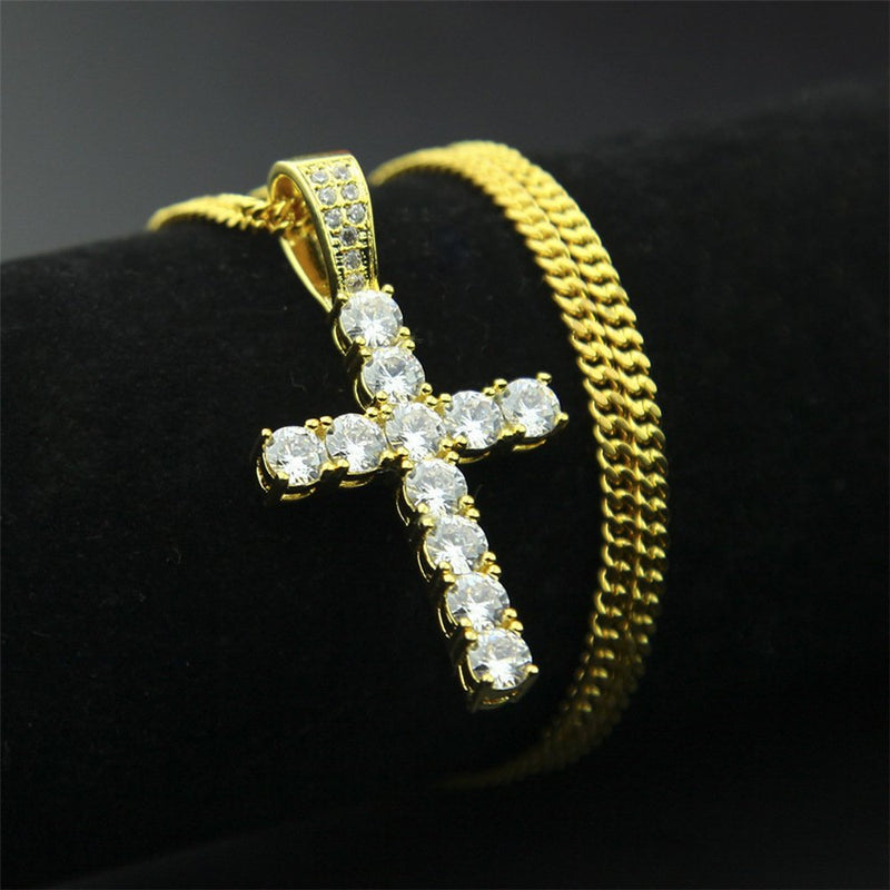 [Australia] - MCSAYS Hip Hop Jewelry Iced Out Bling Full Crystal Cross Pendant Golden Cuban Chain Religious Christian Necklace Fashion Accessories for Men/Women Gifts Gold1 