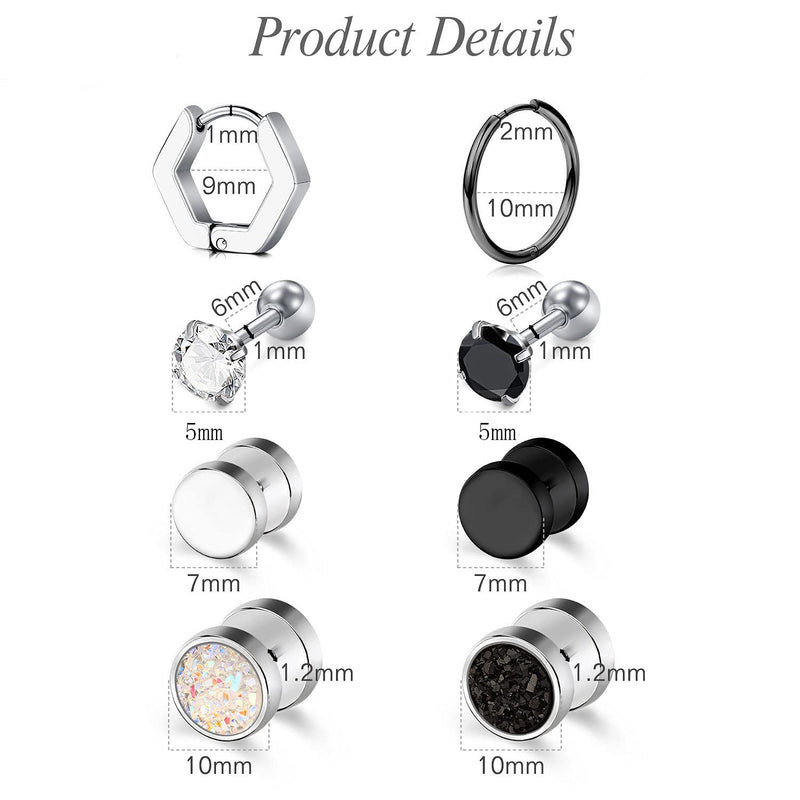 [Australia] - Rajnard 6 Pairs Men Earrings Stainless Steel Earrings for Men Women Stud Hoop Earrings Huggie Piercing 18G CZ Fake Ear Plug Silver Black Rose Gold Color 6 Pairs Silver and Black Set 2 