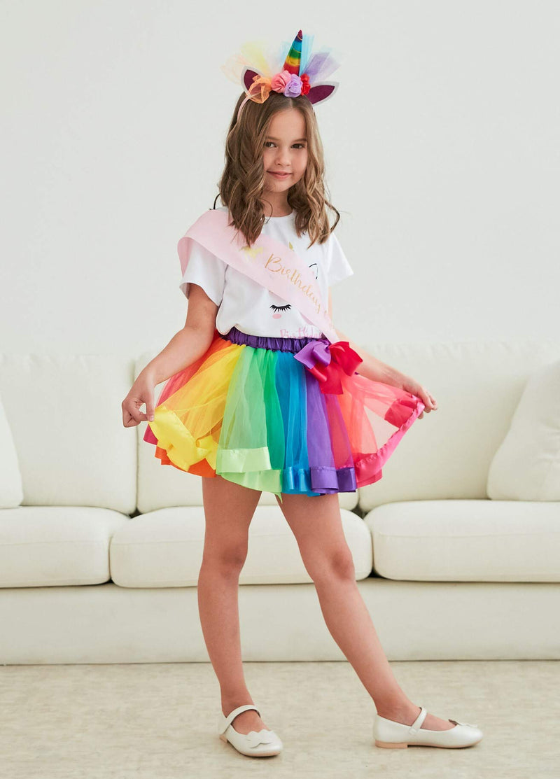 [Australia] - Doctor Unicorn Girls Layered Tutu Skirt with Unicorn Tshirt, Headband & Satin Sash Rainbow Unicorn Flower 3-4T 