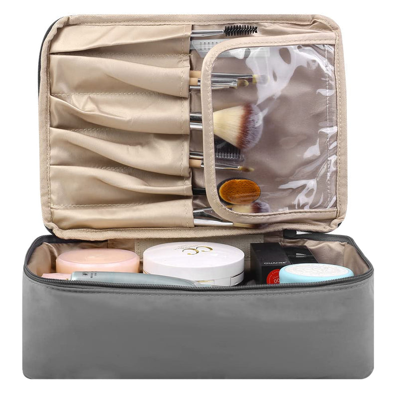 [Australia] - Yeiotsy Pastel Shade Cosmetic Bag Travel Makeup Bags 2 in 1 Toiletry Kit Organizer with Brush Holders (Grey) Grey 