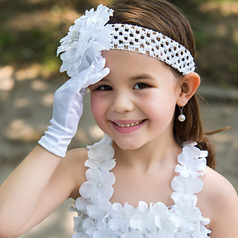 [Australia] - Girl's Holiday, Wedding, or Pageant White Satin Gloves Princess Glove Small 