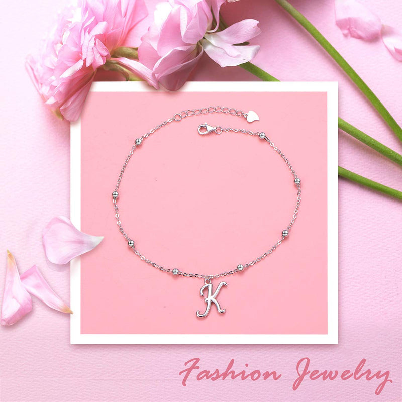 [Australia] - YinShan S925 Sterling Silver Initial Ankle Bracelets for Women, Dainty Layered Beaded Letter Anklet with Initials Cute Summer Anklets Alphabet Ankle Bracelets for Women Teen Girls K 