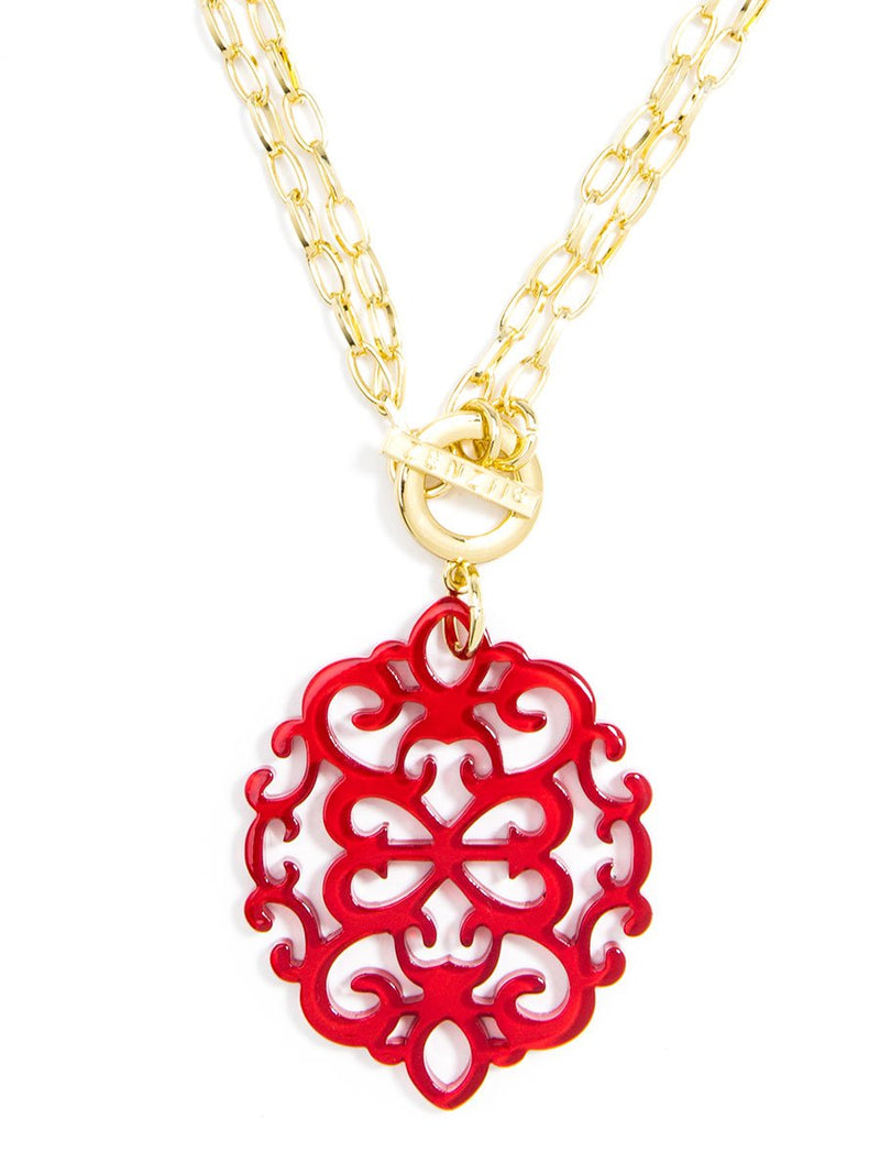 [Australia] - ZENZII Modern Damask Acrylic Resin Pendant Necklace with Convertible Toggle Chain Red 