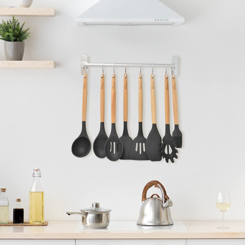 [Australia] - Joejis Kitchen Utensil Rack 40cm - Aluminium Kitchen Rail with 8 Hanging Hooks - Wall Mount Strong 3M Self Adhesive - No Drill Space-Saving Tool Holder - Silver 