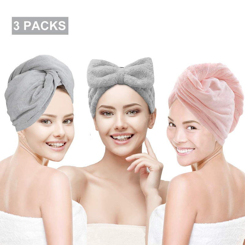 [Australia] - Hair Towel Wrap Turban Microfiber, Hair Drying Towels Quick Dry Hair Hat Drying Shower Head Towels Wrapped Bath Cap Anti Frizz Hair Care Dryer Towel for Women Girl Wet/Long/Curly/Thick Hair (3Pack) Pink Gray 