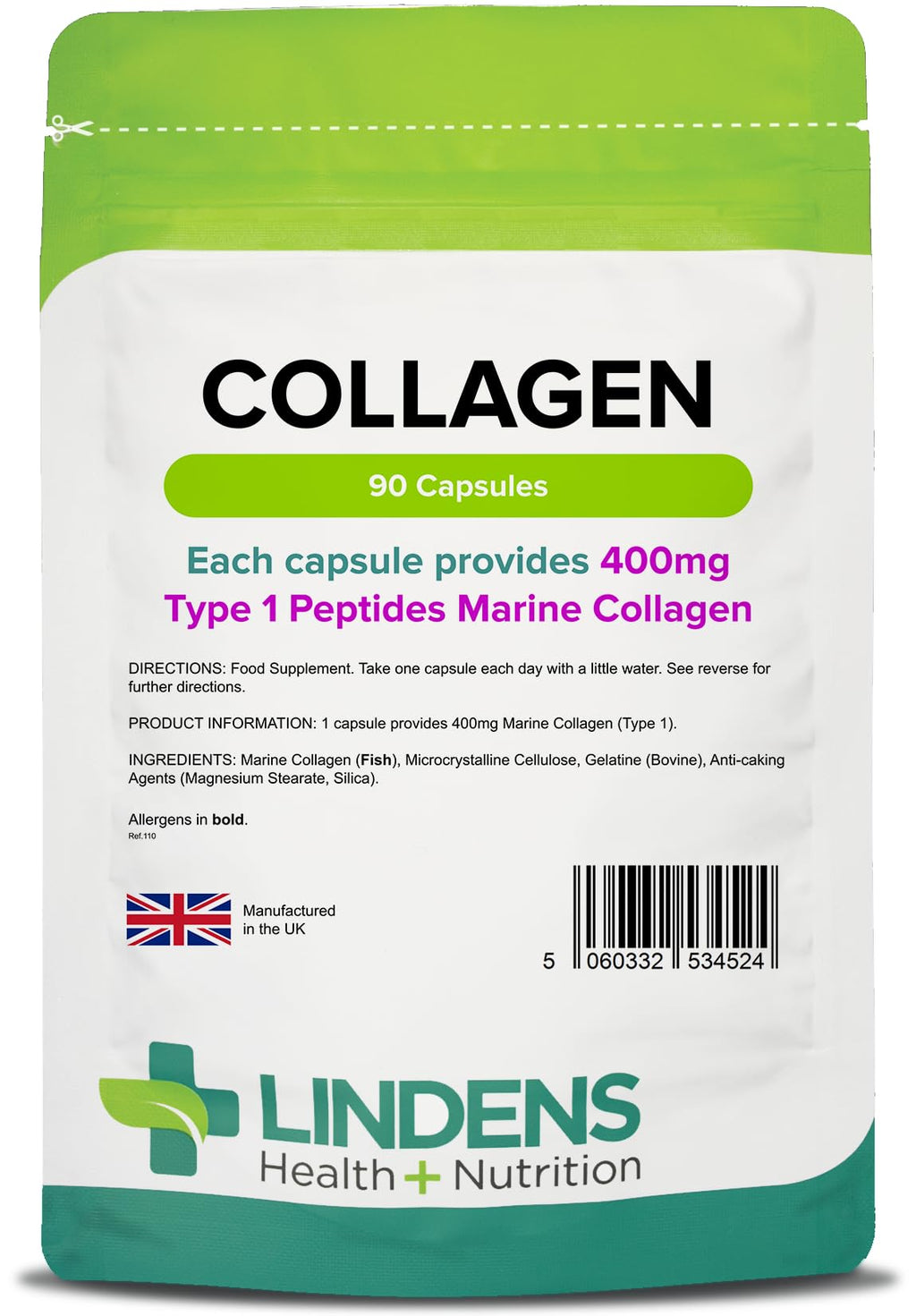 [Australia] - Lindens Collagen (Marine) 400mg Capsules - 90 Pack - Marine Source Hydrolysed Collagen in A Rapid-Release Capsule for Maximum Absorption - UK Manufacturer 90 Count (Pack of 1) 