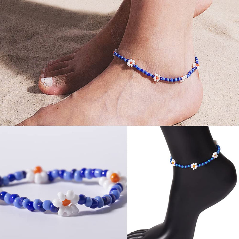 [Australia] - nylry 2 Pcs Aesthetic Beaded Y2K Anklets for Women Boho Colorful Seed Bead Flower Ankle Bracelets Cute Daisy Anklet Set Adjustable Handmade Beads Foot Chain Summer Beach Jewelry for Teen Girls A 