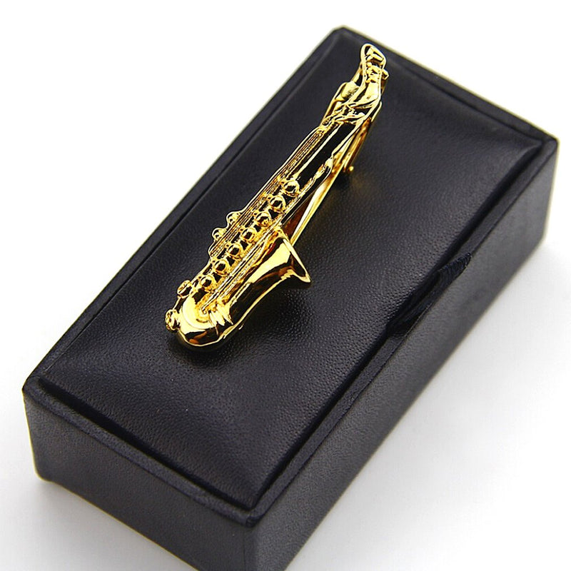 [Australia] - ZUNON Saxophone Tie Clips Sax Tie Bar Tacks Mens Silver Golden Tone Music Instrument Tie Clasps Musician Gifts 