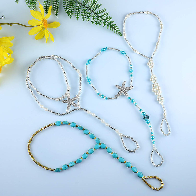 [Australia] - 4 Pairs Beach Barefoot Sandals Starfish Pearls Turquoise Beaded Elastic Foot Jewelry for Women Girls 