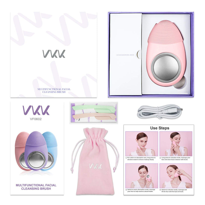 [Australia] - Facial Cleansing Brush, VKK [2020 Upgraded] 4 in 1 Waterproof Silicone Sonic Face Brush For Makeup Removal, Gentle Exfoliation, Deep Cleansing Essence Absorption V-line Lifting(Pink) 