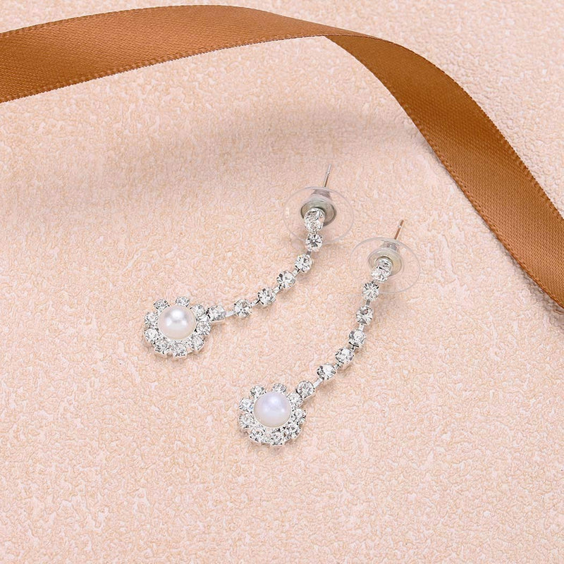 [Australia] - Aukmla Bride Wedding Pearl Necklace Earrings Set Silver Crystal Necklaces Jewelry Accessories for Women and Girls (Set of 3) 