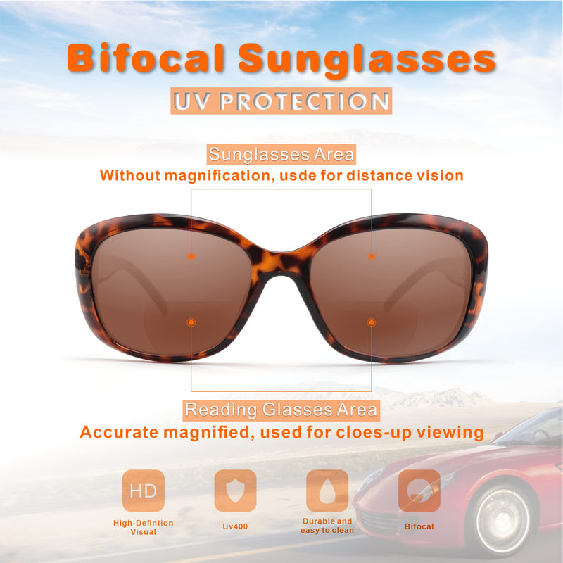 [Australia] - Superior Bifocal Reading Sunglasses for Women, Kisdate Sun Readers Ladies Shades 1 Black & 1 Tortoise 1.5 Diopters 