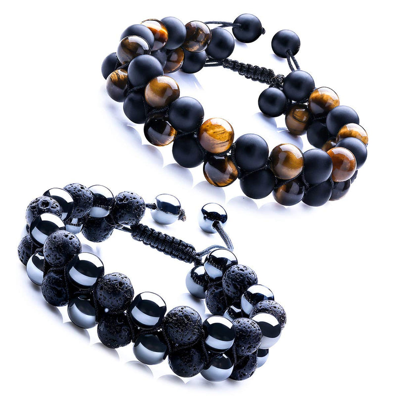 [Australia] - WRCXSTONE Natural Stone Bracelet Mens Black Lava Rock Bracelet Tiger Eye Gemstone Bracelet Yoga Essential Oil Bracelet Charm Gift 2pcs 