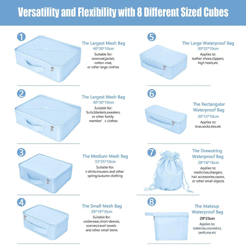 [Australia] - BETLLEMORY Packing Cubes 8 Sets Travel Luggage Organizers with Waterproof Shoe Storage Bag Compression Pouches(Light Blue) Light Blue 